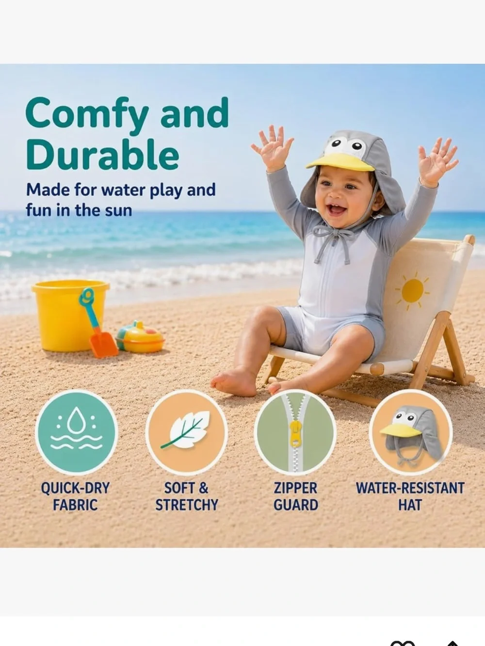 NWT Cuddle Club UPF 50+ Baby Sunsuit with Sun Hat penguin 18 to 24 months